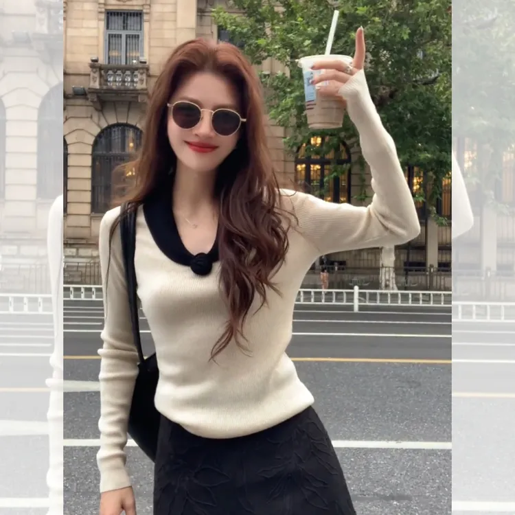 6795女款秋冬修身毛衣套头针织显瘦女装打底衫毛针织衫女手工花朵