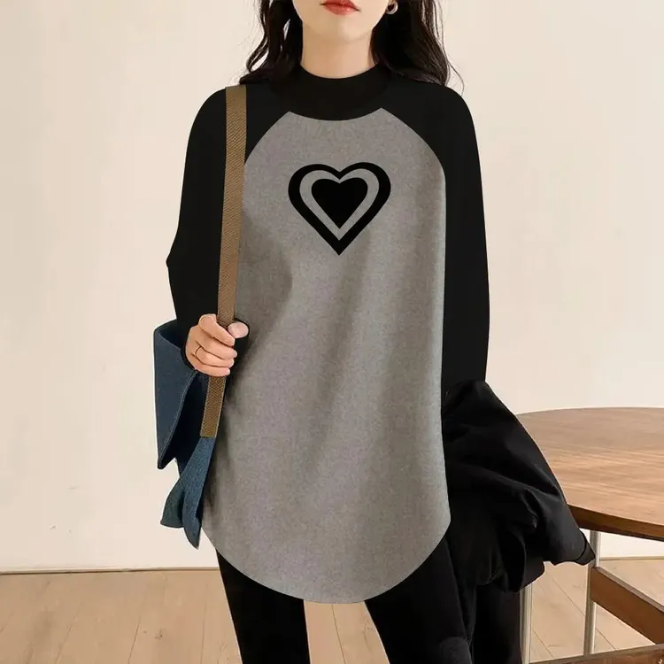 拼色半高领德绒加厚插肩长袖上衣女秋冬大码中长款宽松保暖打底衫