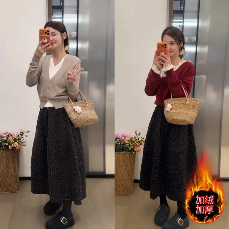 运补6毛呢半身裙女冬季碎花高腰A字超好看冬裙中长款花苞伞裙