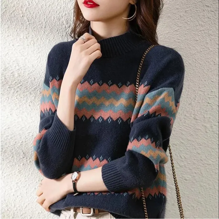 哥弟阿玛施官方正品秋冬减龄复古提花半高领羊毛针织衫女加厚毛衣