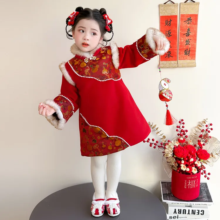 女童夹棉旗袍裙冬季2025新款宝宝新年红国风连衣裙儿童加厚拜年服