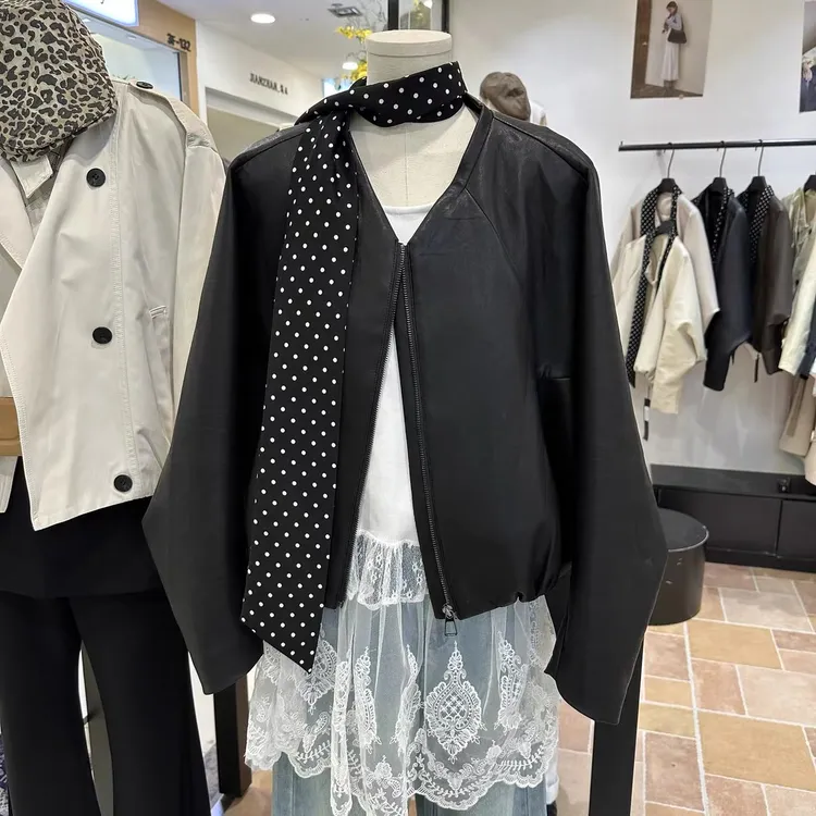 韩系短款皮衣外套女2025秋季新款波点小飘带宽松夹克上衣2536#