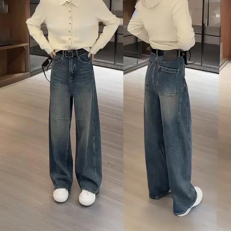 秋冬季加绒保暖复古阔腿牛仔裤女大码胖mm高腰宽松显瘦遮胯直筒裤