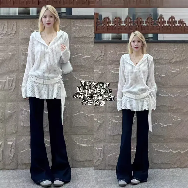 2025早秋新款大码女装韩系纯欲风中长款蕾丝镂空连帽衬衫（送腰带）