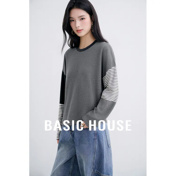Basic House/百家好秋季新款时尚设计条纹拼色针织衫-B0625B5JKS2