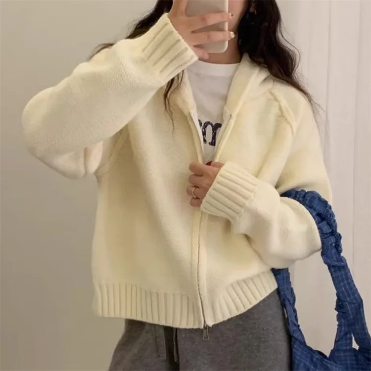 100%羊毛三股加厚通勤风连帽羊毛衫百搭休闲针织帽衫韩版时尚开衫