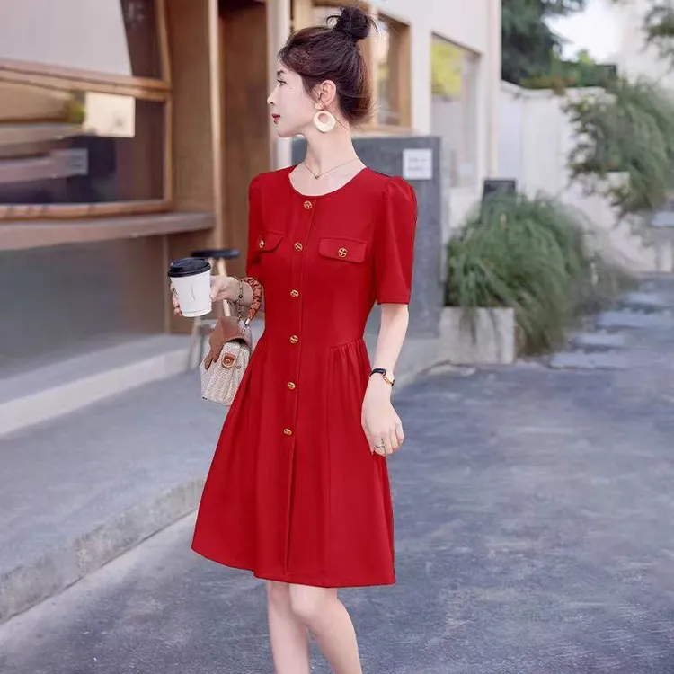 【F1832】简约圆领小香风收腰连衣裙新款赫本风高级感气质裙