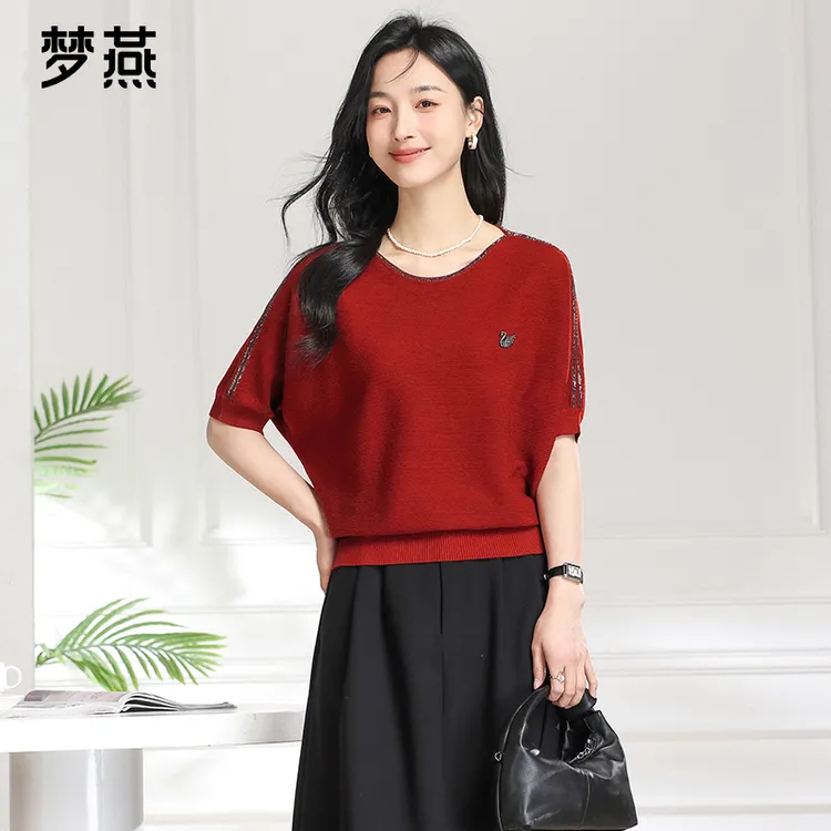 梦燕春季女时尚百搭气质圆领休闲宽松简约舒适针织上衣AC13B5500