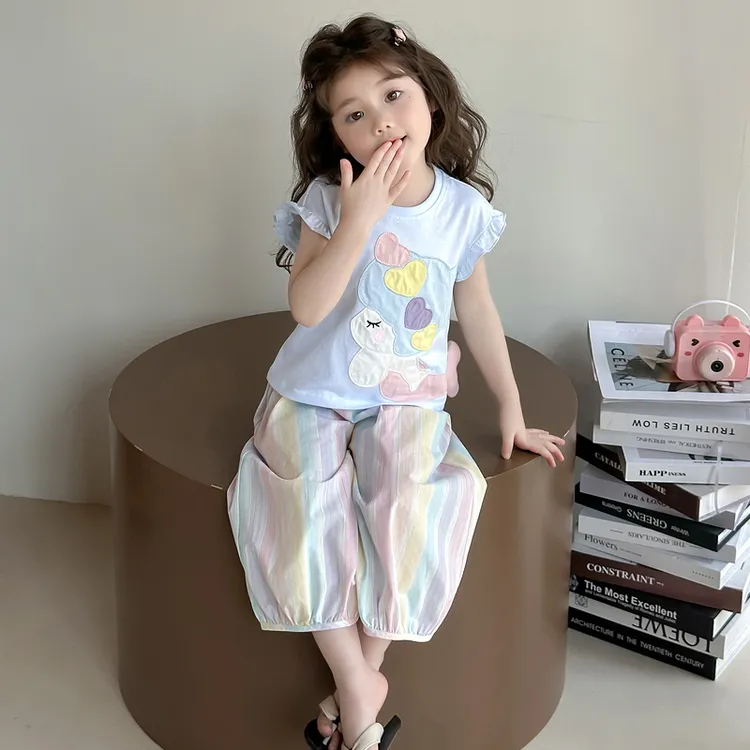 【纯棉】夏季女童洋气贴布美人鱼卡通短袖夏装新款女童套装小飞袖