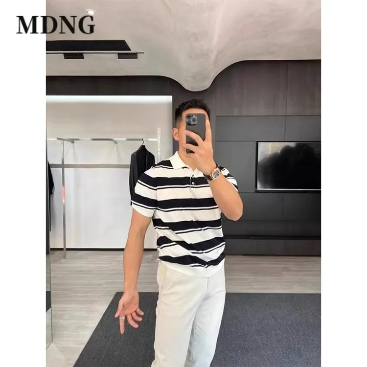 MDNG夏季新款男士短袖t恤商务休闲翻领撞色条纹针织男装Polo衫T恤