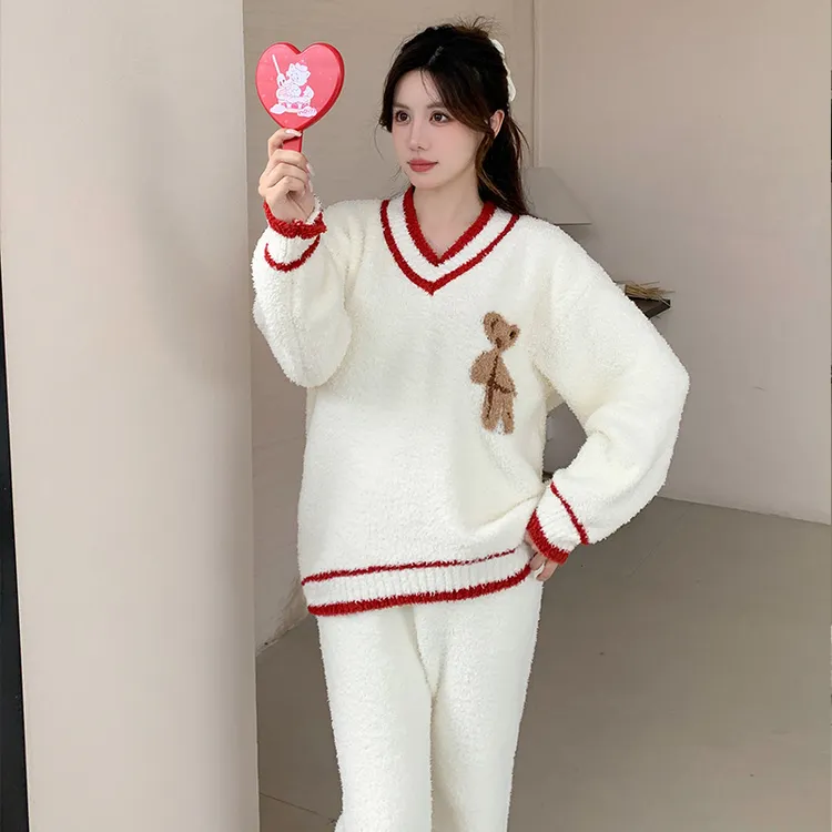 白鹿同款半边绒V领睡衣女秋冬新款加绒加厚卡通小熊可外穿家居服