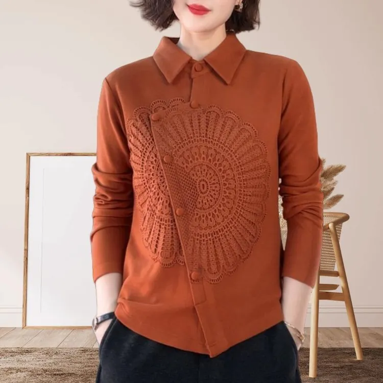 减龄洋气时髦百搭显瘦翻领简约高端卫衣女蕾丝拼接设计感长袖上衣