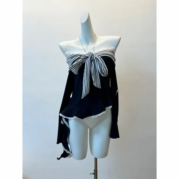 【335】双面绒一字肩蕾丝拼接不规则下摆设计感上衣