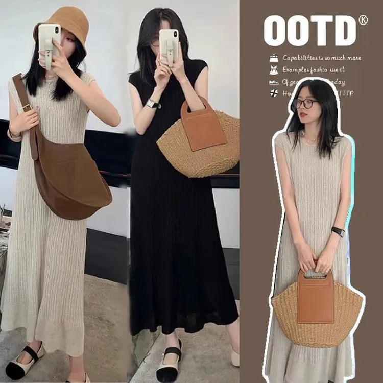 时髦孕妇装新款法式轻奢连衣裙潮妈显瘦款宽松纹理感无袖背心长裙