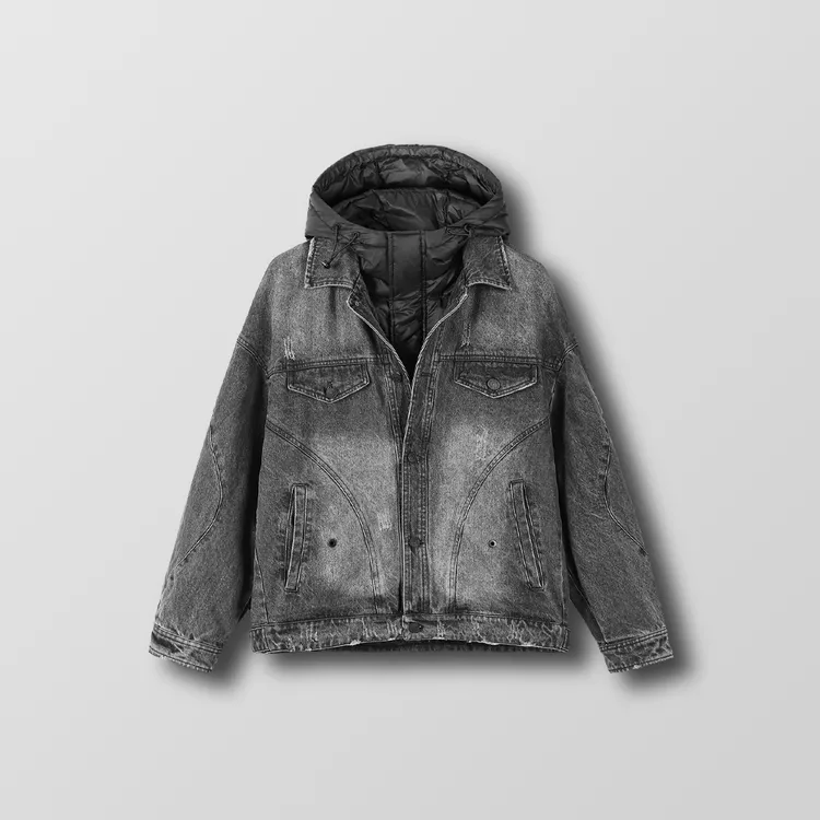 2025时尚百搭男士冬季蓬松假两件连帽牛仔款羽绒服