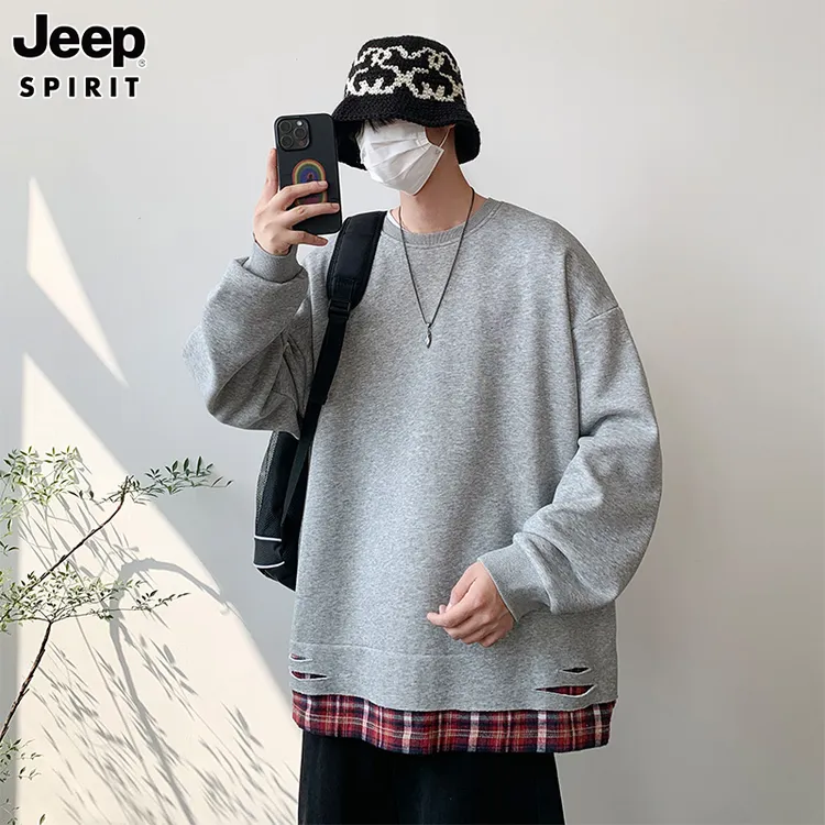 JEEP男士春秋宽松假两件卫衣情侣百搭港风格子破洞撞色长袖T恤潮