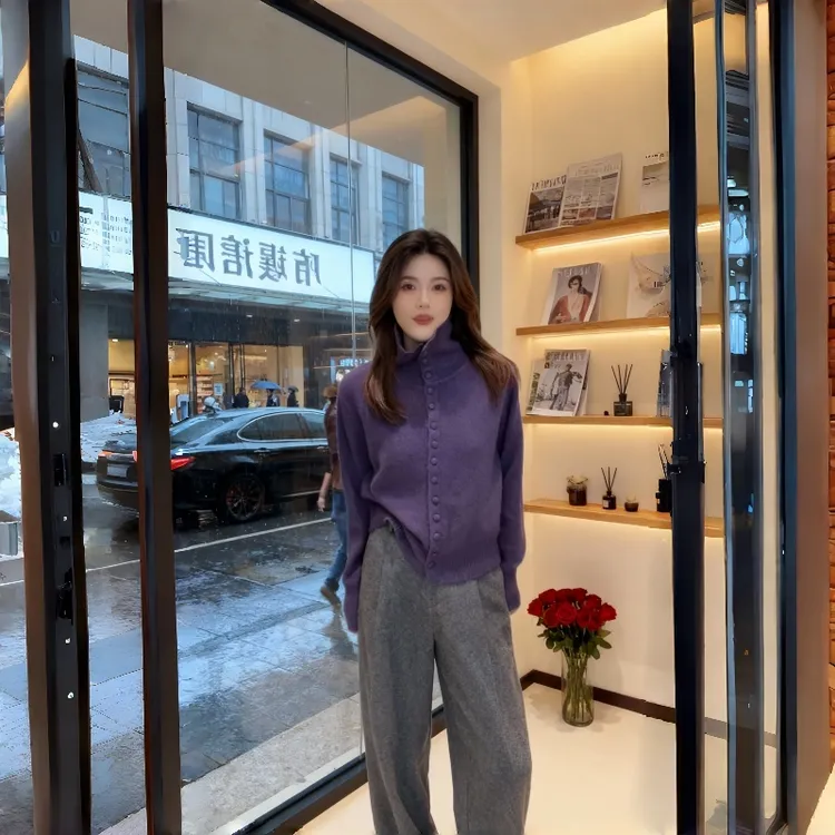 高领针织开衫女秋季新款保暖设计感小众洋气毛衣减龄内搭打底上衣