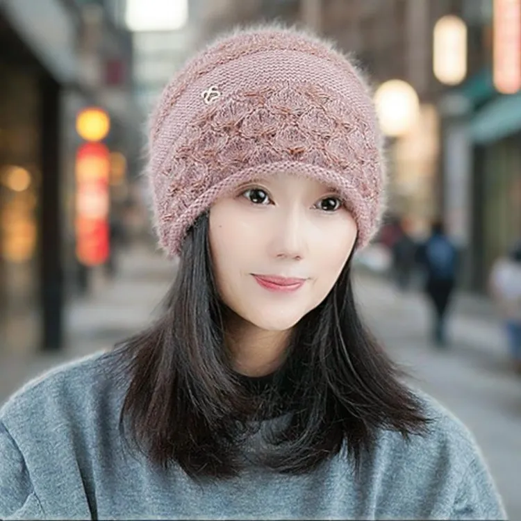 新款松鼠绒提花双层堆堆帽保暖女大头围针织帽网红时尚防寒冬天