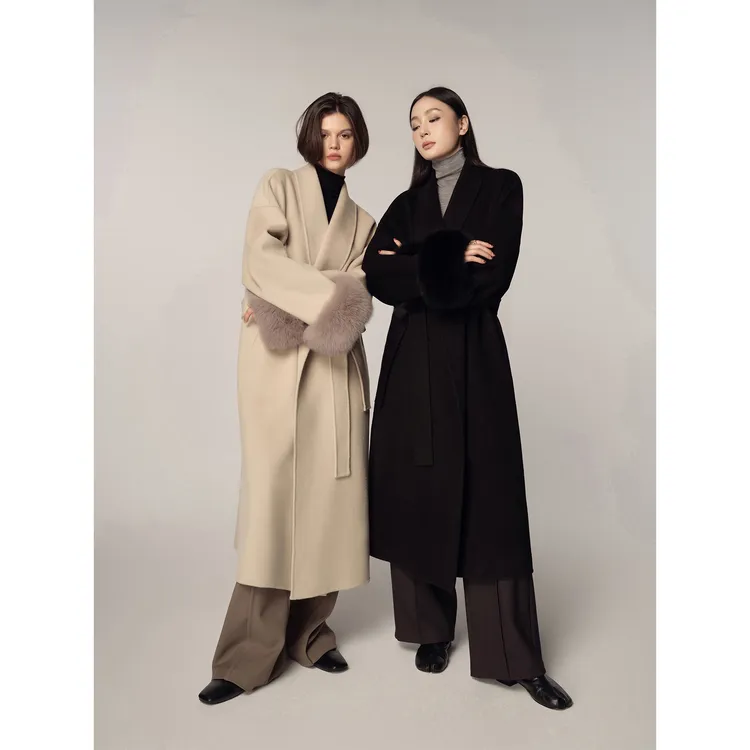 周淼100绵羊毛双面呢大衣女秋冬可拆卸狐狸毛毛呢外套ZM23D5223J