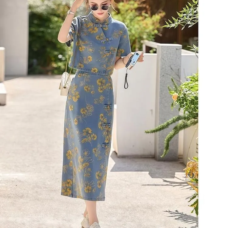 新中式盘口复古国风印花盘扣牛仔半身裙夏装女款裙子