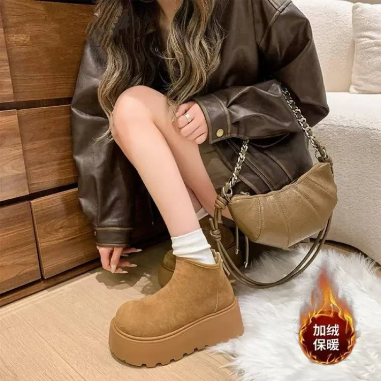 厚底雪地靴女2025冬季新款欧洲站小个子增高7复古加绒松糕细跟短