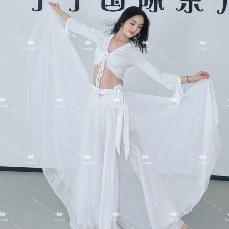 Swegal肚皮舞东方舞服饰系绑1300度大摆裙套装白色仙气飘飘现代舞