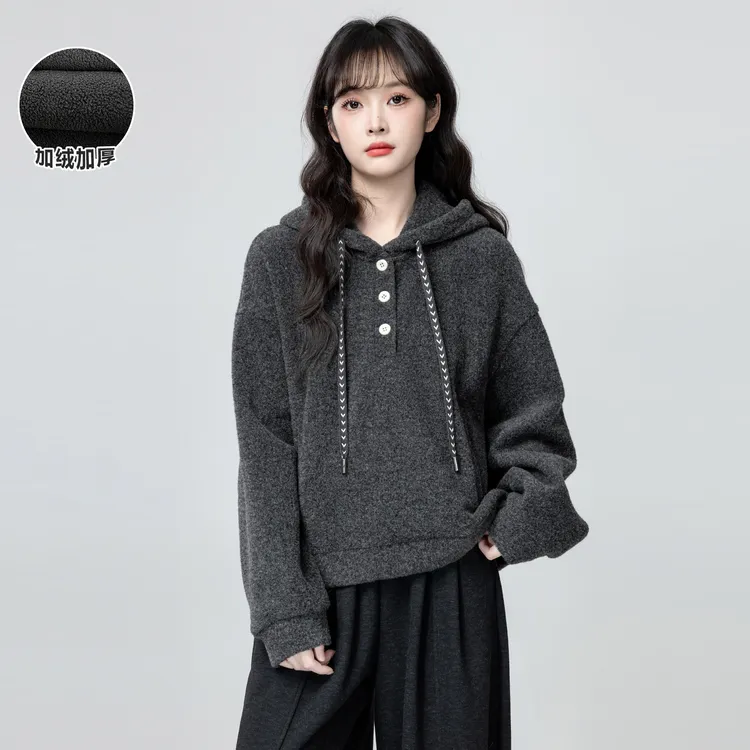 深灰色连帽卫衣女加绒加厚秋冬2025冬季新款套头帽衫学生短款上衣