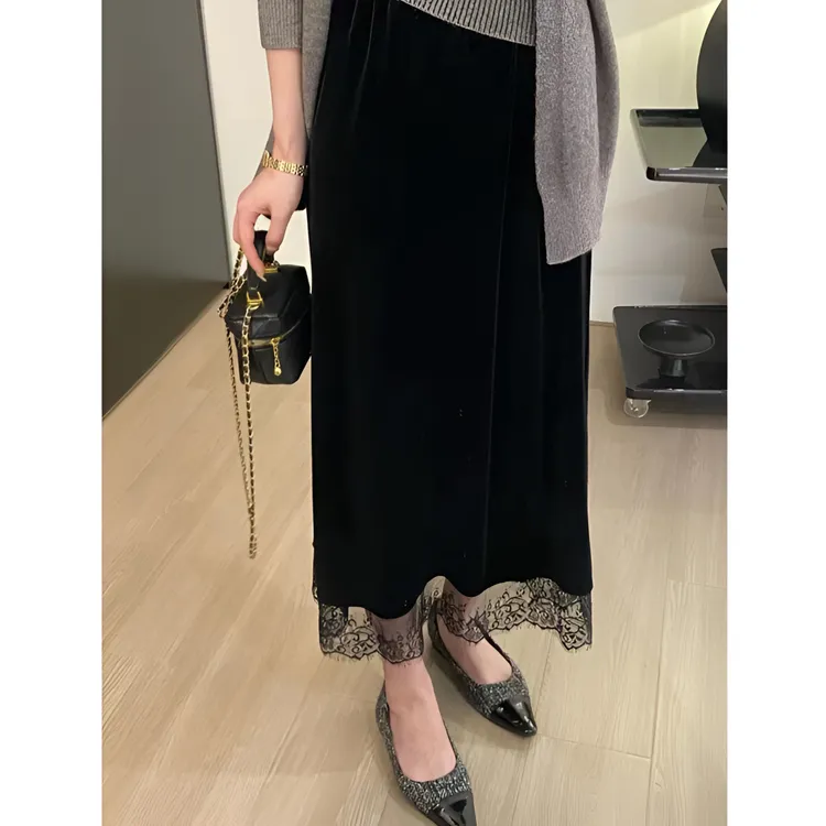  D999-3237 【蕾丝半裙】复古丝绒裙秋冬蕾丝花边显瘦气质半身裙女