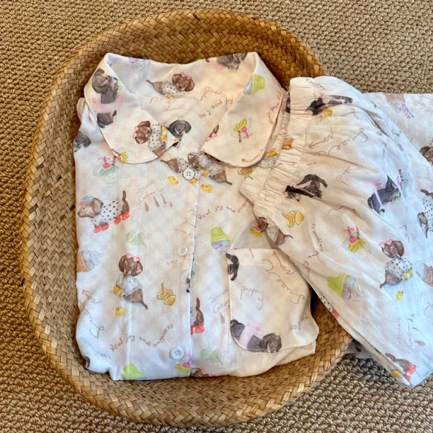 睡个好觉双层纱冰激淋狗狗印花睡衣套装可爱宽松家居服女棉纱睡衣