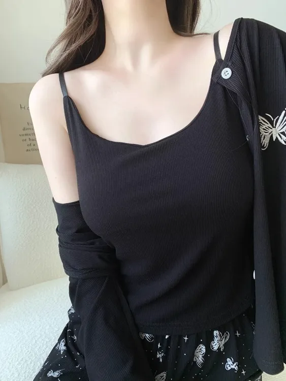 春秋季睡衣女款纯欲吊带三件套带胸垫套装莫代尔长袖新款家居服