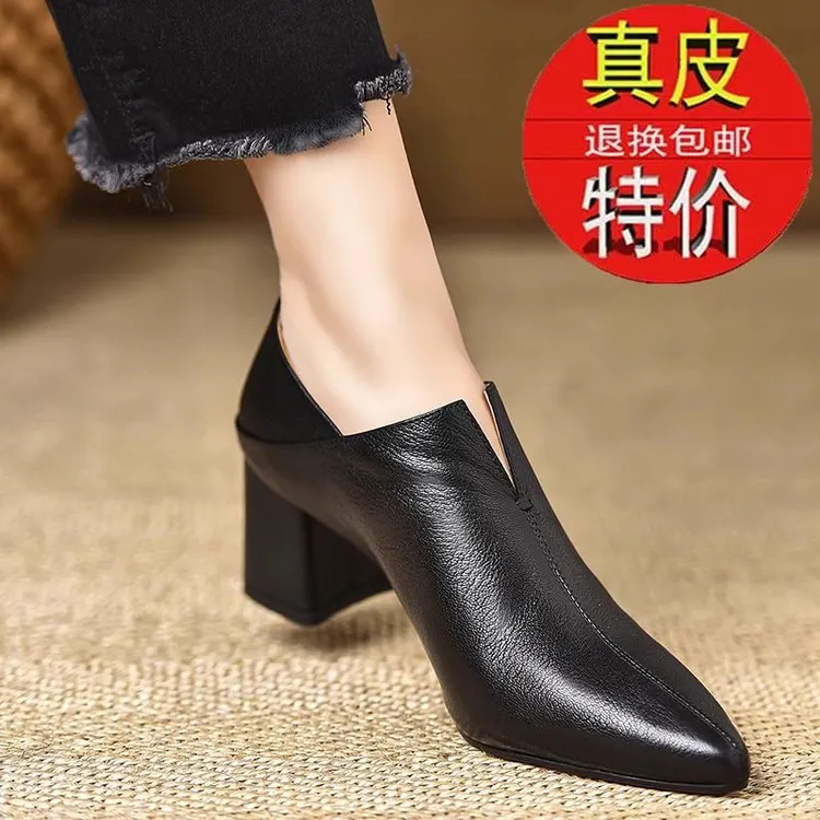 2025年新款英伦风单鞋女中跟深口真皮女士小皮鞋高跟鞋尖头女鞋子