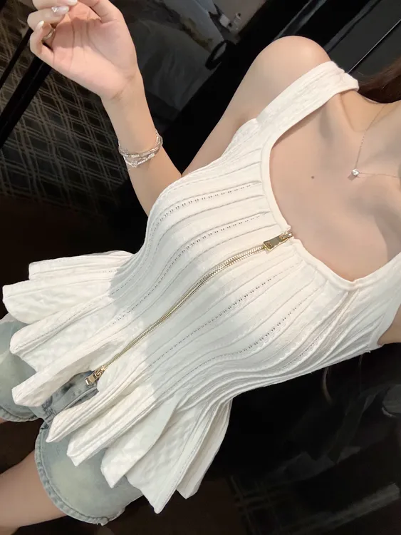 FAY【香水菠萝】夏季俏皮修身收腰双头拉链小裙摆针织小众女装背心