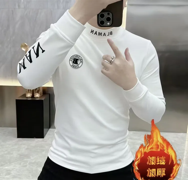 男士打底衫2025秋冬新款欧货潮牌字母修身帅气半高领加绒长袖T恤