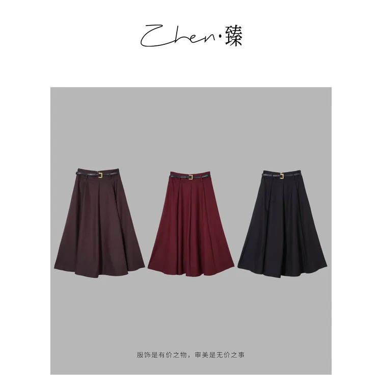 ZHEN.臻 山系赫本气质高腰斜纹时尚捏褶A字显瘦半身裙BQ8889Z