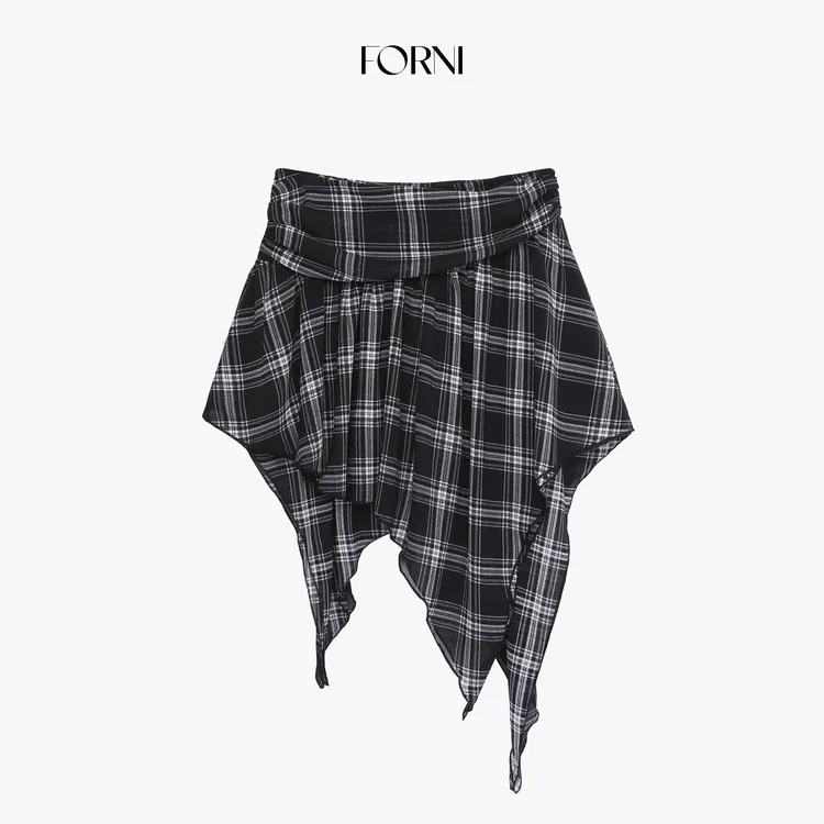 FORNI 英式女高 英伦学院风不规则裁片格纹短裙