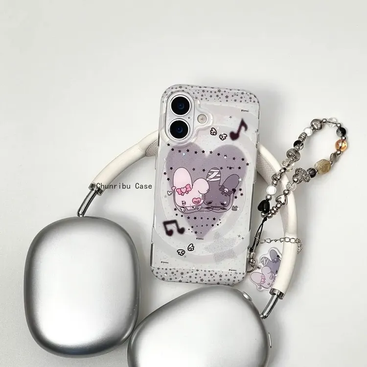 日韩清新可爱卡通灰色爱心双子兔适用苹果16promax手机壳15/14/13