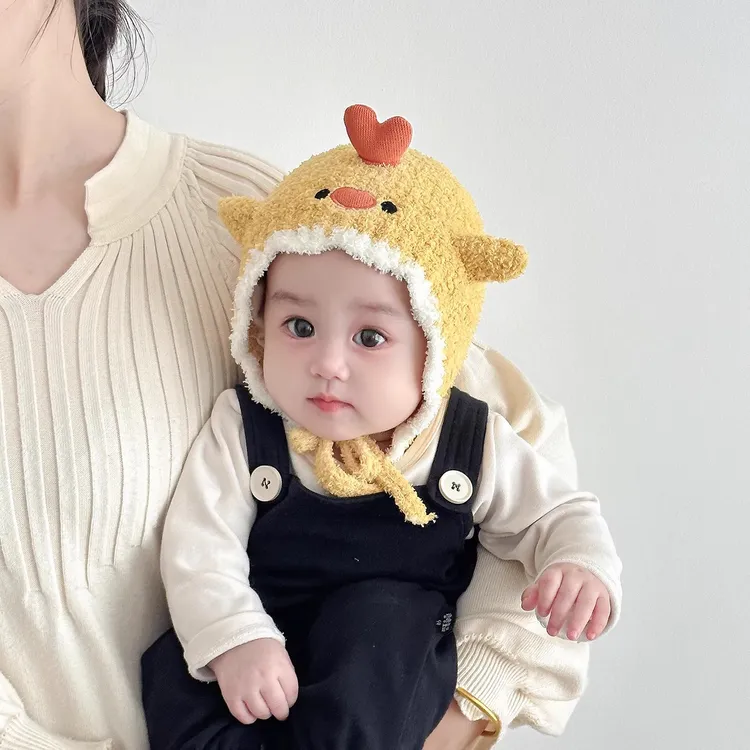 婴儿帽子秋冬季超萌婴幼儿小童毛绒护耳帽新生男女宝宝保暖针织帽