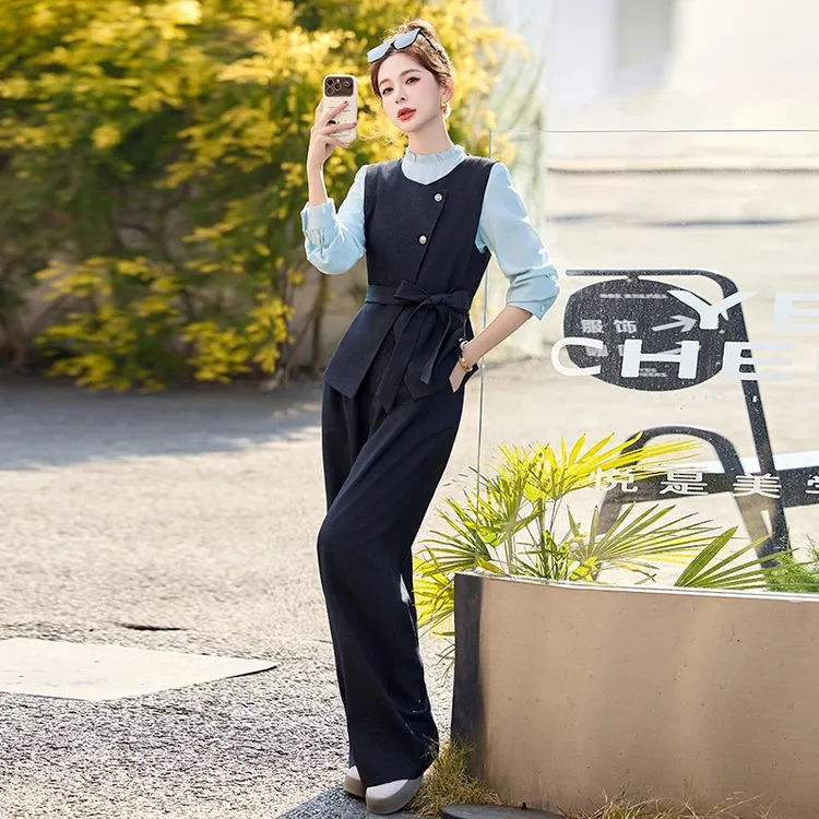 时尚职业马甲衬衣套装女2025春季新款高级感气质显瘦阔腿裤三件套