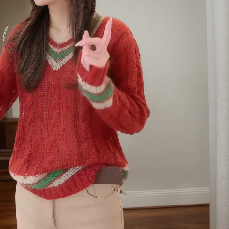 气质设计感拼色v领洋气女人味长袖针织衫LK2508638