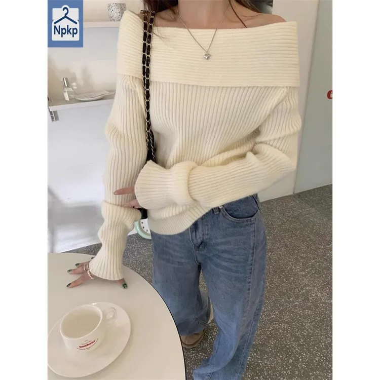 法式纯欲一字肩毛衣女短款秋冬温柔风高级感上衣荷叶边针织打底衫