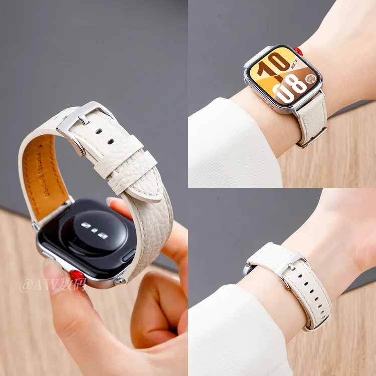 AW适用华为WatchFIT4表带荔枝纹真皮fit4pro新款牛皮fit3/2夏男女