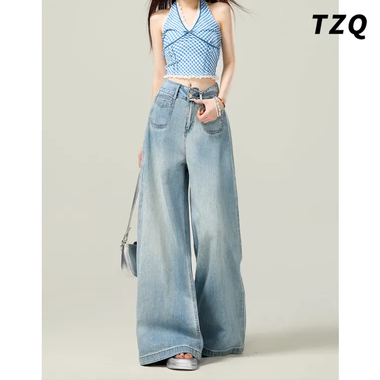 浅蓝阔腿牛仔裤女款爆款2025新款秋季显瘦拖地直筒裤子TZQ2540307