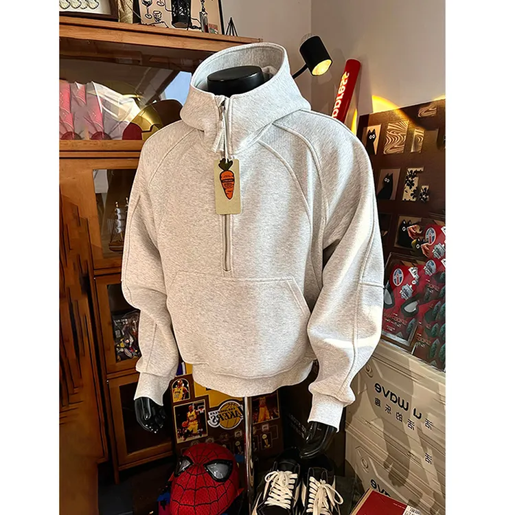 重磅硬挺美式卫衣男款线条解构设计感连帽衫boxy短宽半拉链外套潮