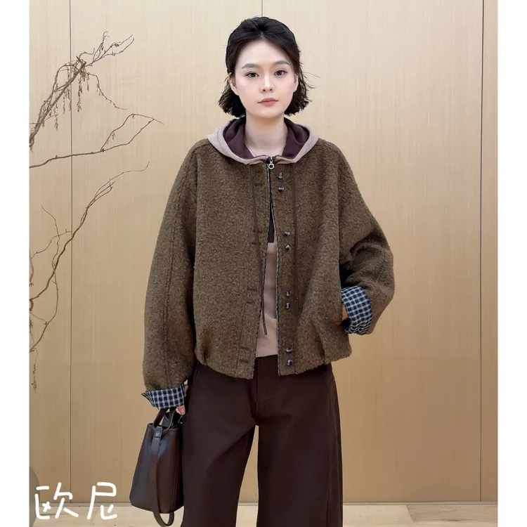 欧尼私服 2025秋季新款圆领格子撞色毛呢外套休闲上衣2509C5982