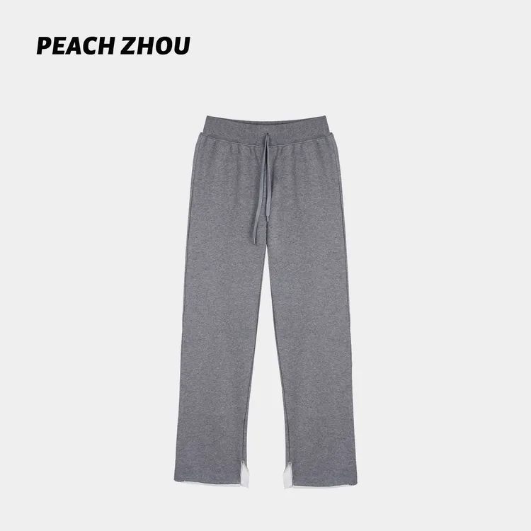 『PEACHZHOU』开衩卷边简约纯色宽松直筒休闲裤松紧腰百搭阔腿长裤