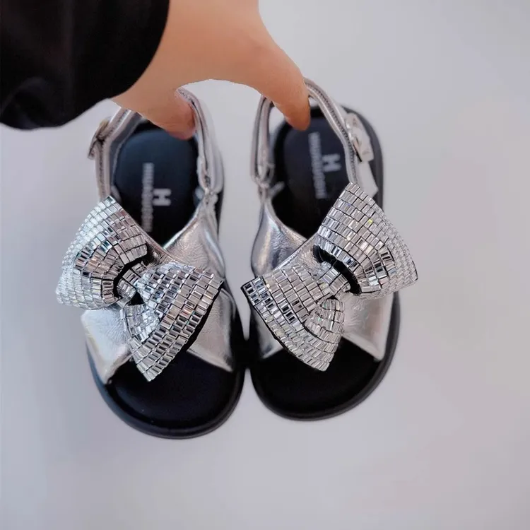 ABC女童凉鞋夏季2025新款软底洋气公主蝴蝶结露趾时装女孩沙滩鞋