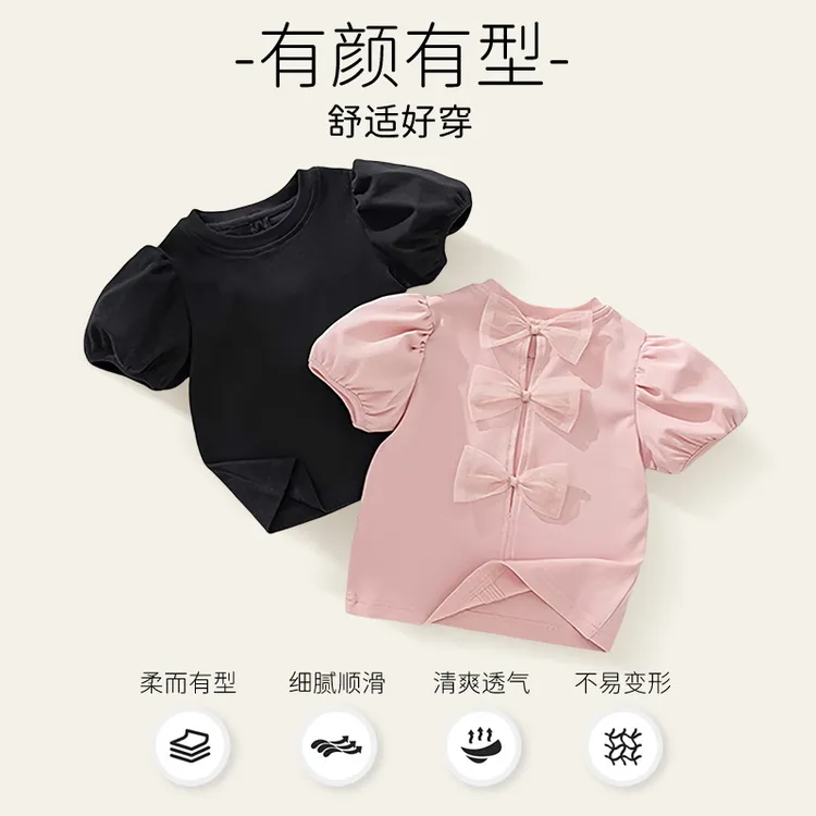 夏季薄款女童泡泡袖短袖T恤蝴蝶结甜美可爱洋气百搭透气