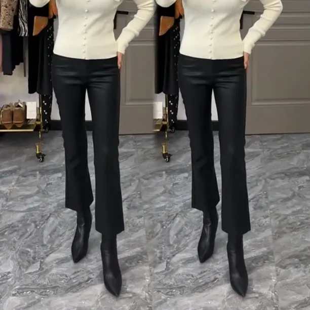 冬季新款微喇裤皮裤女高腰显瘦百搭九分裤时尚蛋白皮裤仿皮直筒裤