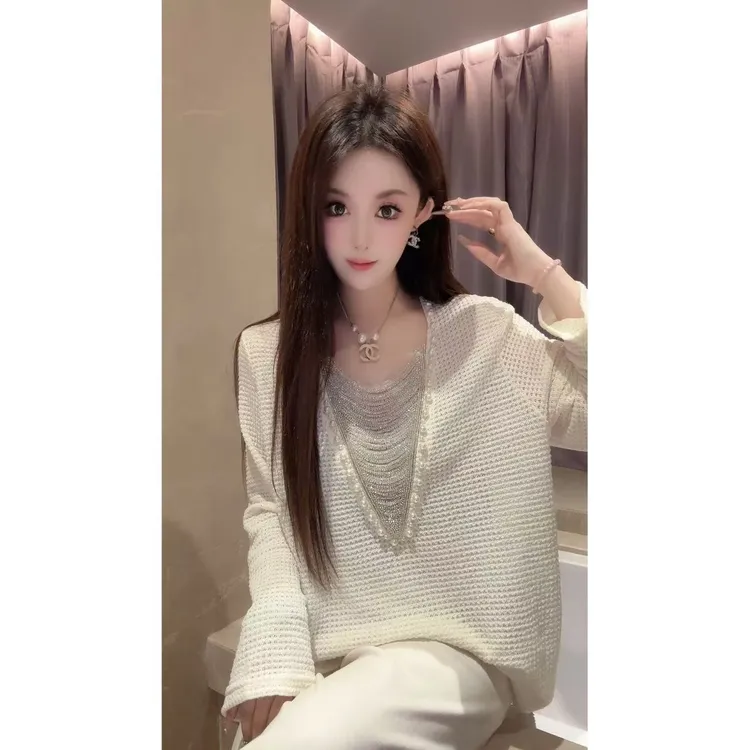 JY&JY橙子大大【一束月光】重工钉珠链条针织衬衫上衣 16509