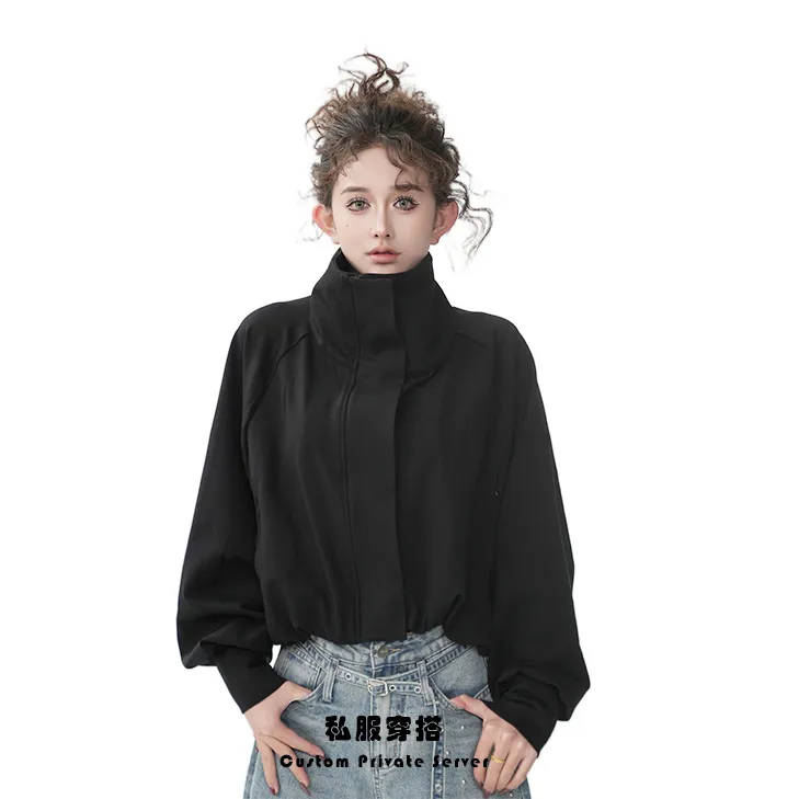 欧货品质纯色秋季长袖拉链女短外套黑色设计感复古外套